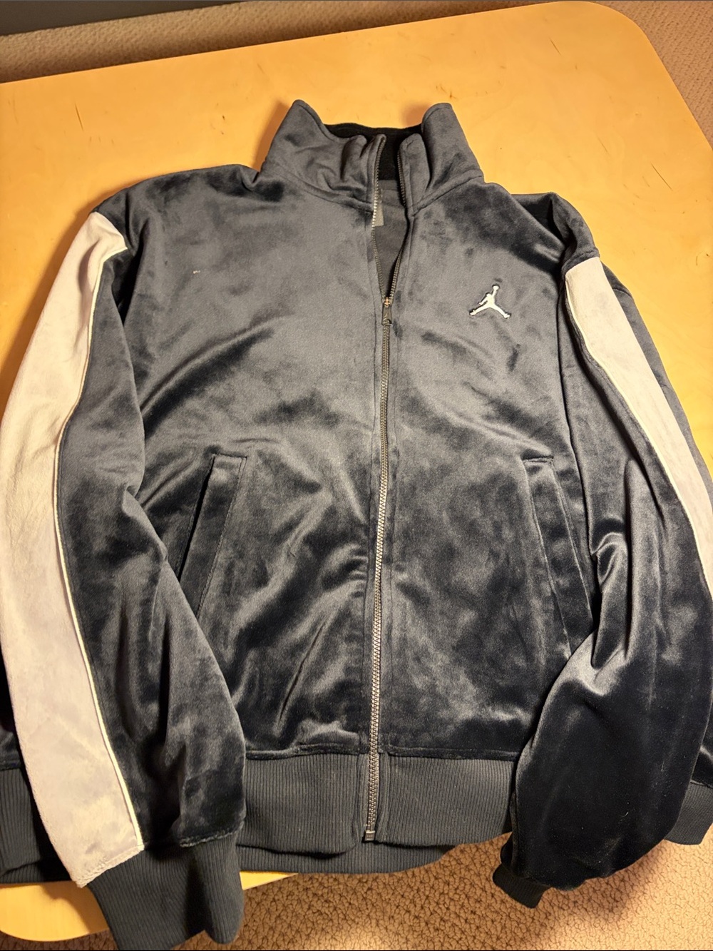 Jordan Black Velour Track Jacket with White and Grey Sleeve Panels